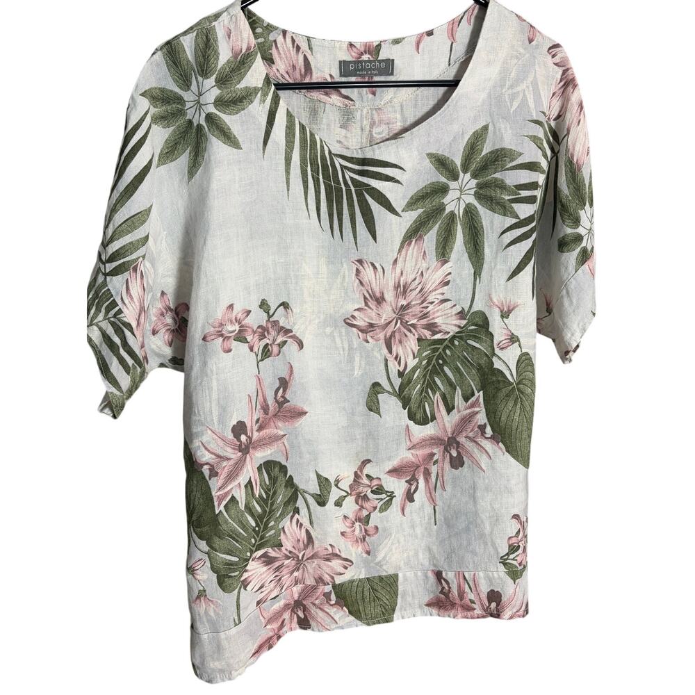 Pistache Italy 100% Linen Floral Top Medium‎ Tropical Botanical Blouse Resort